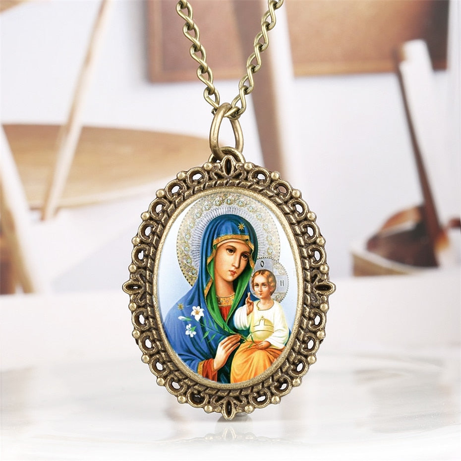 Gold/Bronze Virgin Mary Design Quartz Ladies Pendant Necklace Watch