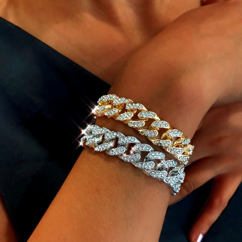 exaggerated thick chain metal wide version zircon women's bracelets