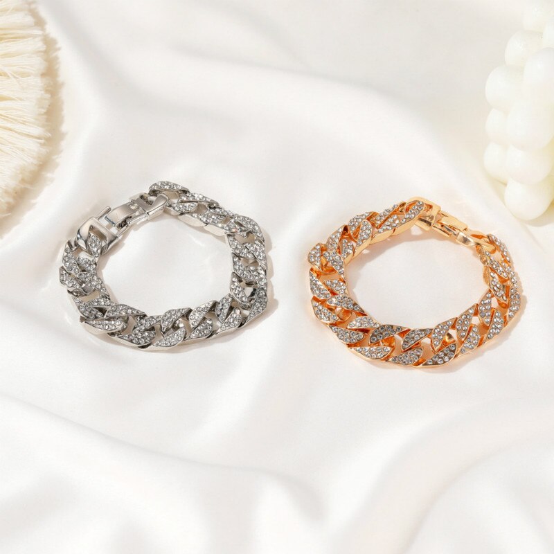 exaggerated thick chain metal wide version zircon women's bracelets