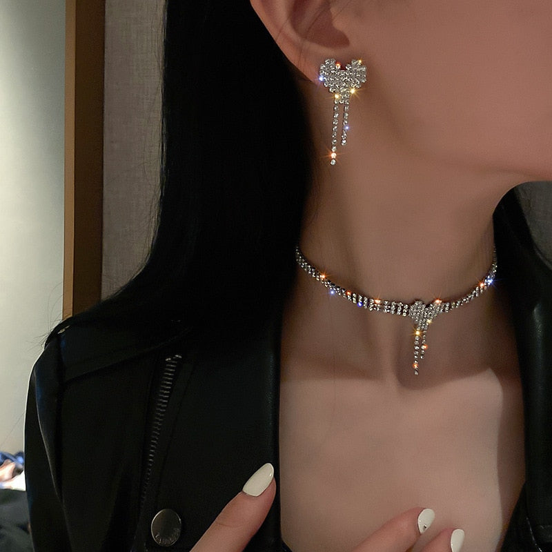 Love Heart Rhinestone Necklace Earrings For Women