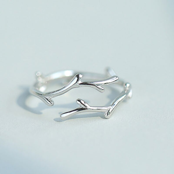 Simple Branch Leaf Thin Silver Color Adjustable Ring