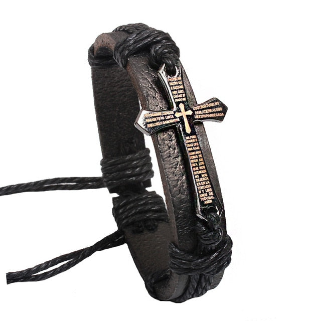 Carving Scripture Cross Leather Bracelet