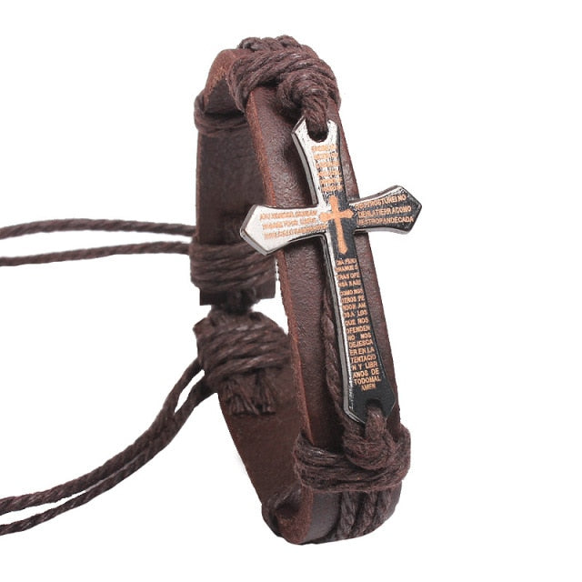 Carving Scripture Cross Leather Bracelet
