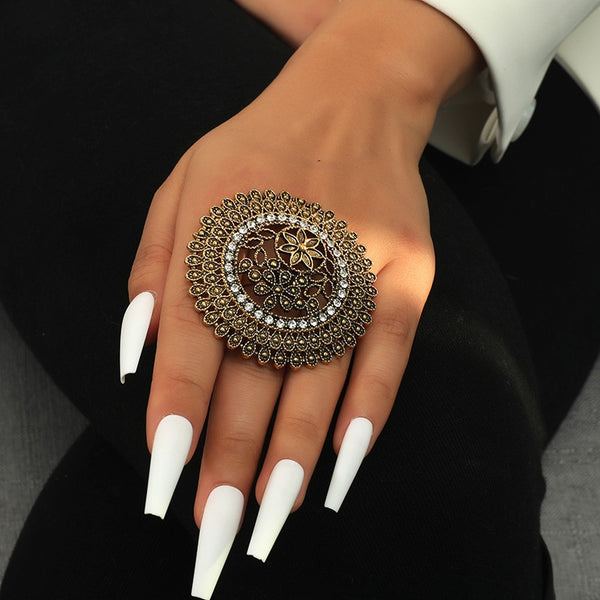 Anillo de dedo femenino con diseño de flores grabadas estilo retro para fiestas