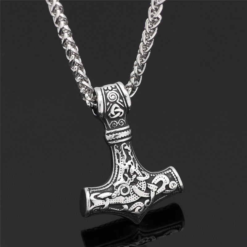Gold Genuine Leather Rope Chain Stainless steel Mjolnir Pendant