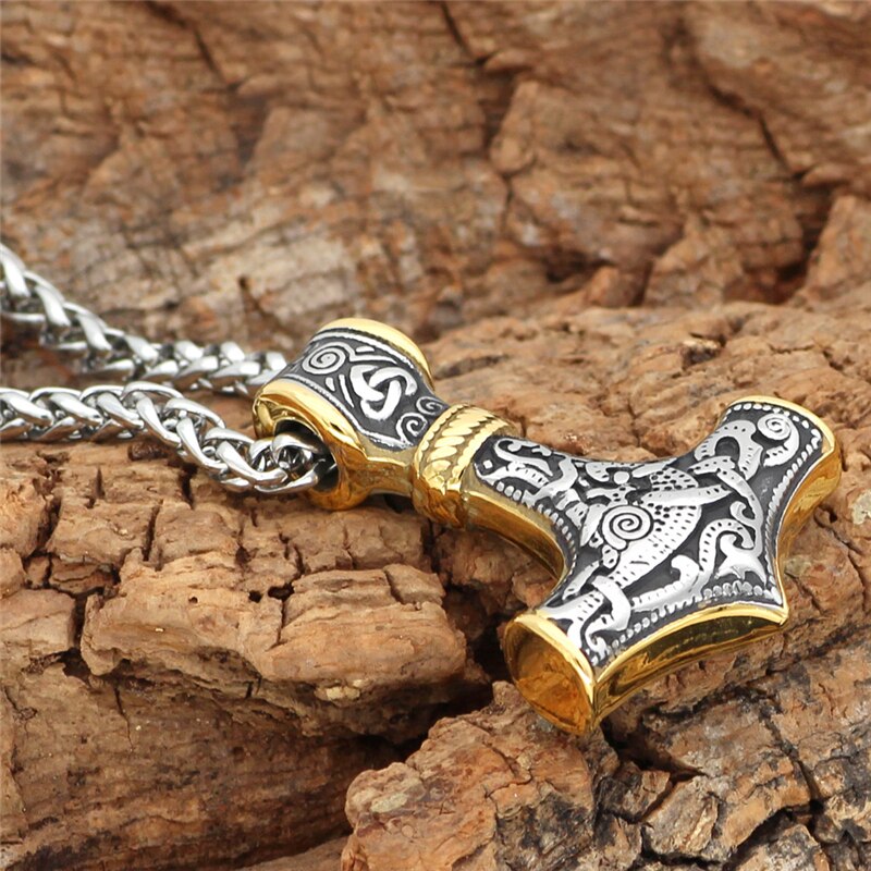 Gold Genuine Leather Rope Chain Stainless steel Mjolnir Pendant