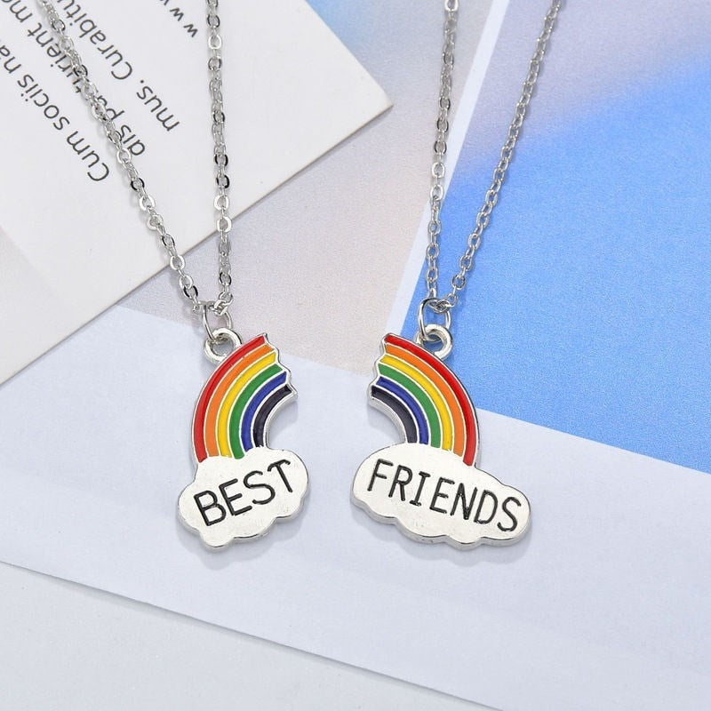 Women Stitching Heart Rainbow Friendship Couple Necklace