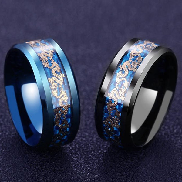 Anillos de dragón de acero de titanio negro y azul