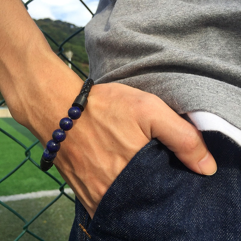 Men's Black Leather Volcanic Beaded Braclets