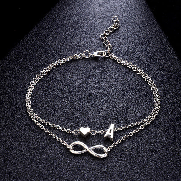 Tobillera vintage de color plata con letras y corazón bohemio para mujer