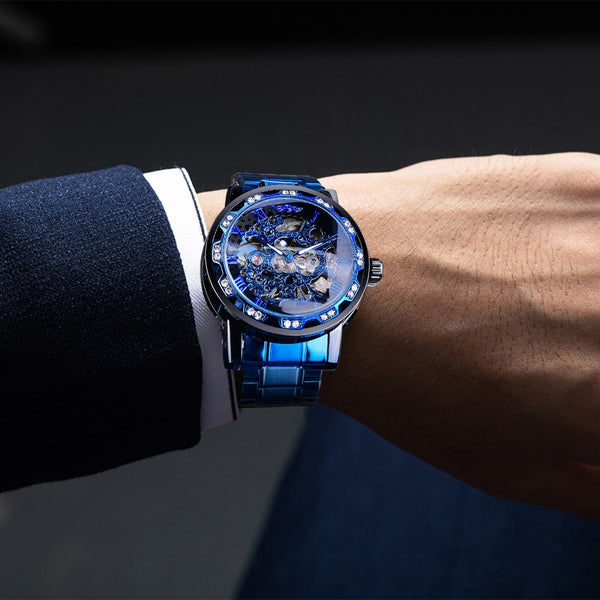 Transparent Diamond Mechanical Watch  Blue Stainless Steel Skeleton Watch