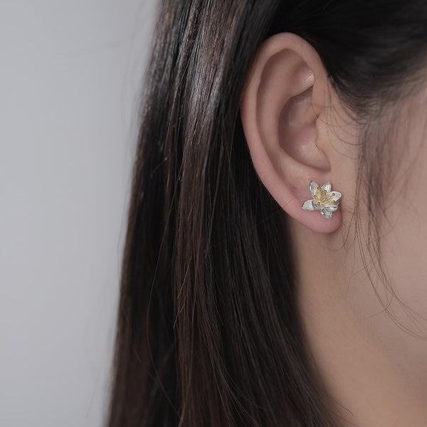 Pendientes de plata de ley 925 auténtica con forma de loto.