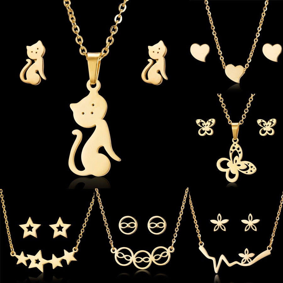 Classic Stainless Steel Pendant Necklace Earrings Sets