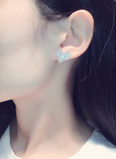 S925 Sterling Silver Color Cute Heart Bling Zircon Stone Stud Earrings