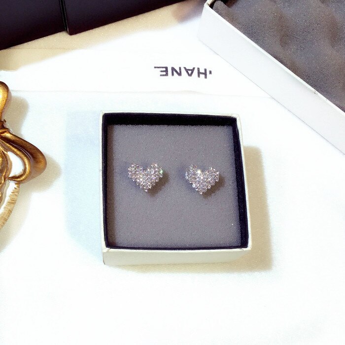 S925 Sterling Silver Color Cute Heart Bling Zircon Stone Stud Earrings