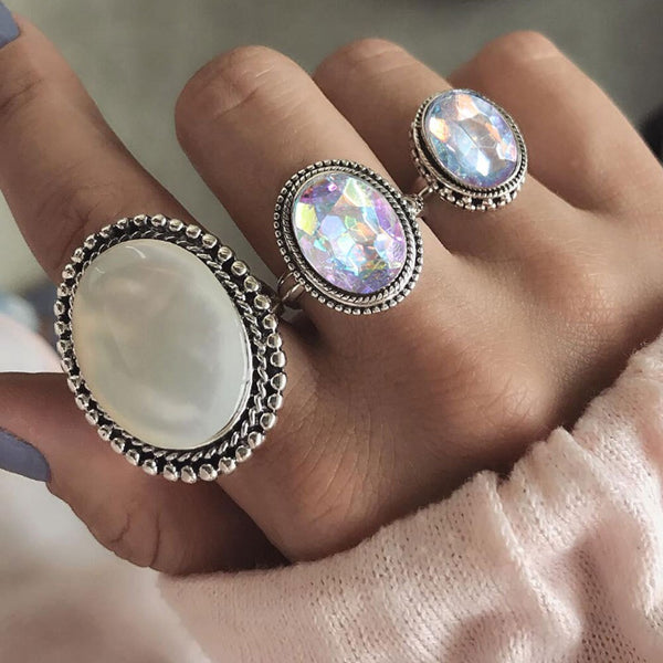 Conjunto de anillos de piedra grande color plata estilo bohemio vintage para mujer