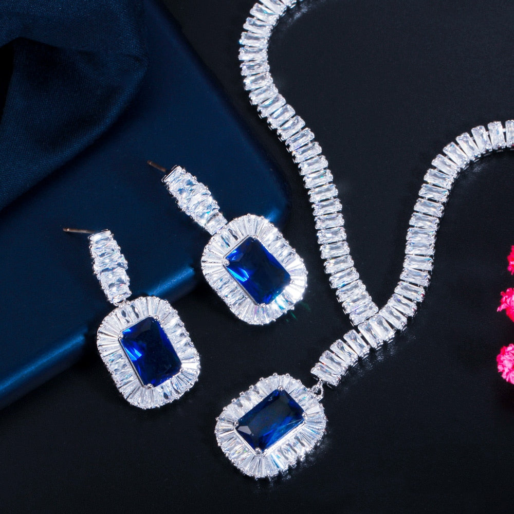 Blue Cubic Zircon Necklace and Earrings Women Party Jewelry Set