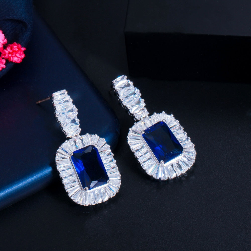 Blue Cubic Zircon Necklace and Earrings Women Party Jewelry Set