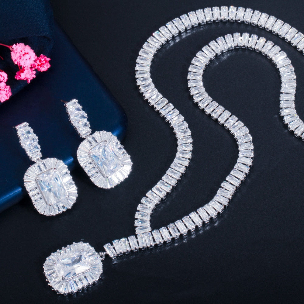 Blue Cubic Zircon Necklace and Earrings Women Party Jewelry Set