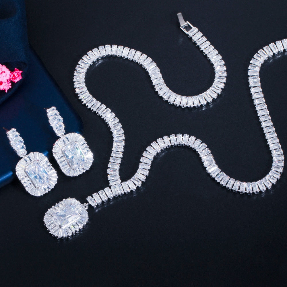 Blue Cubic Zircon Necklace and Earrings Women Party Jewelry Set