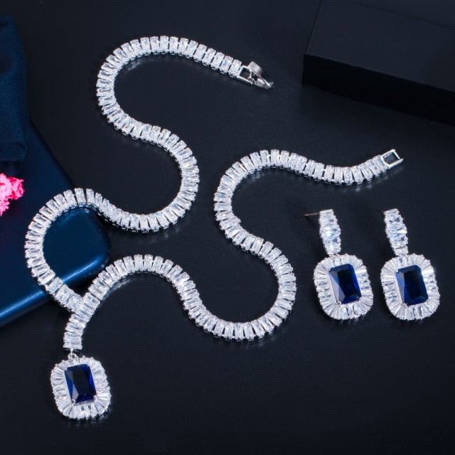 Blue Cubic Zircon Necklace and Earrings Women Party Jewelry Set