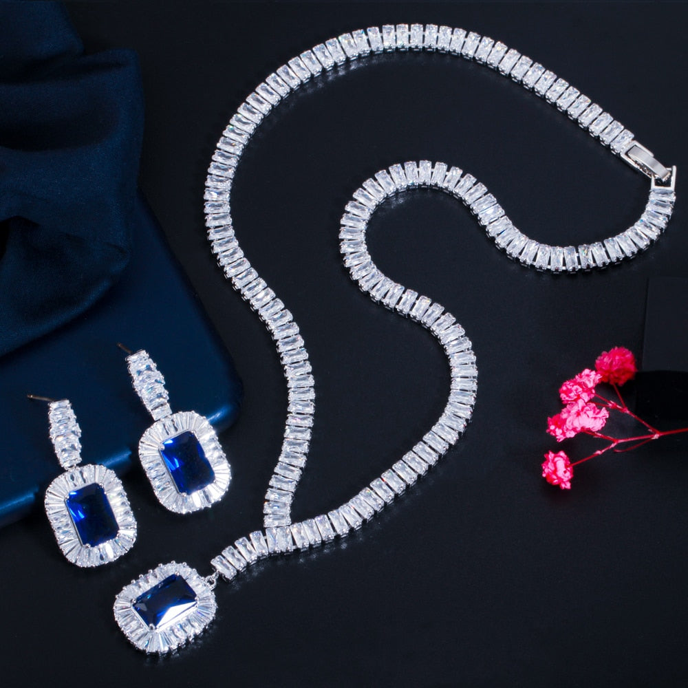 Blue Cubic Zircon Necklace and Earrings Women Party Jewelry Set