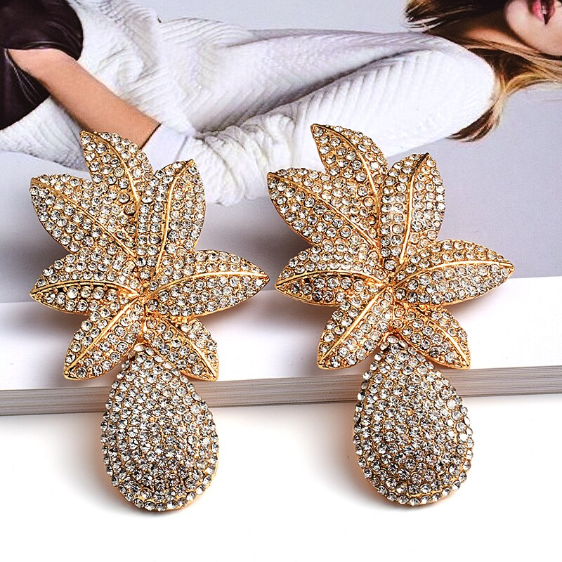 New Long Gold Metal Flower Drop Earrings