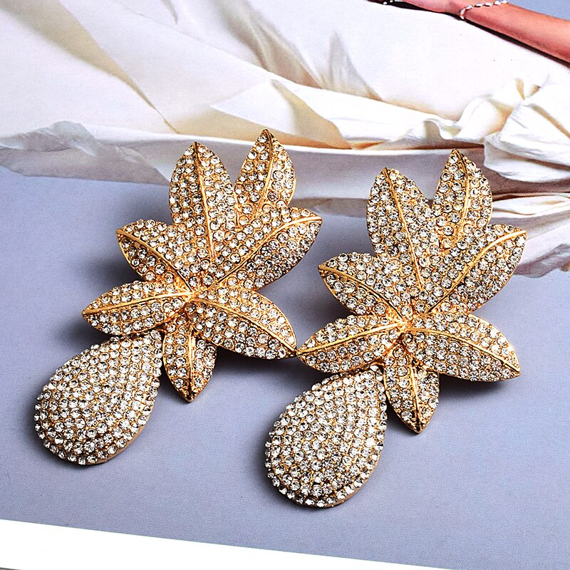 New Long Gold Metal Flower Drop Earrings