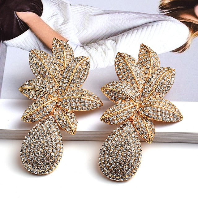 New Long Gold Metal Flower Drop Earrings