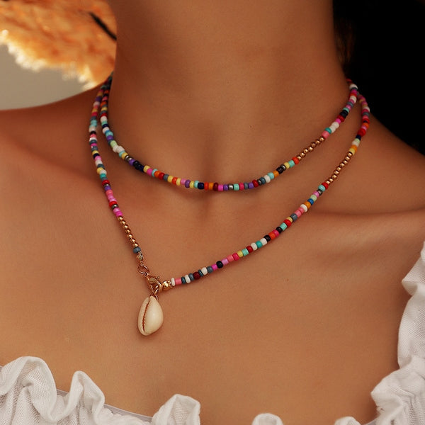 Bohemian Colorful Seed Bead Shell Choker Necklace