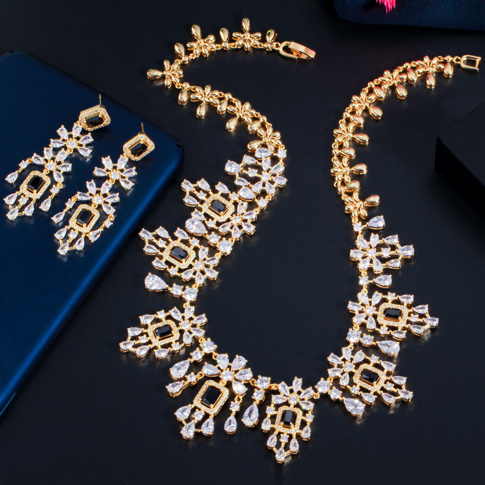 Black Stone Necklace Earring Luxury Wedding Bridal Jewelry Set
