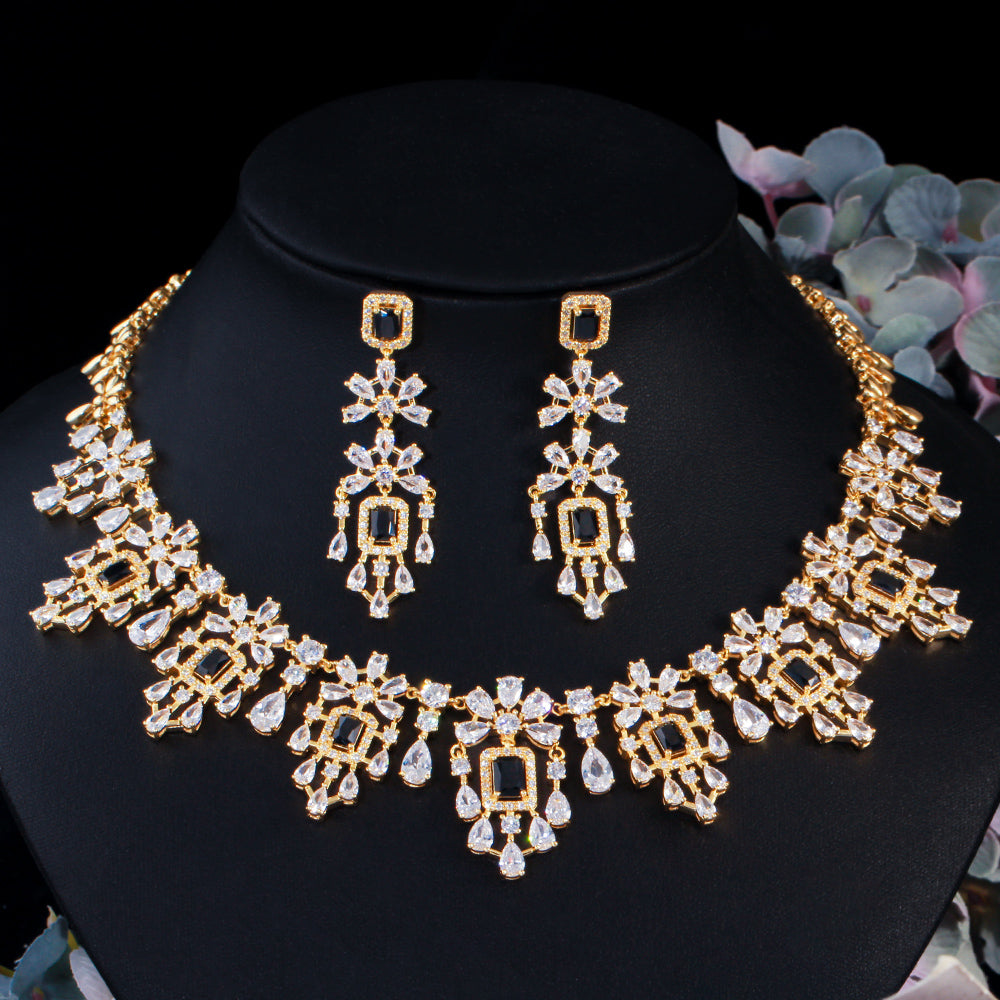 Black Stone Necklace Earring Luxury Wedding Bridal Jewelry Set