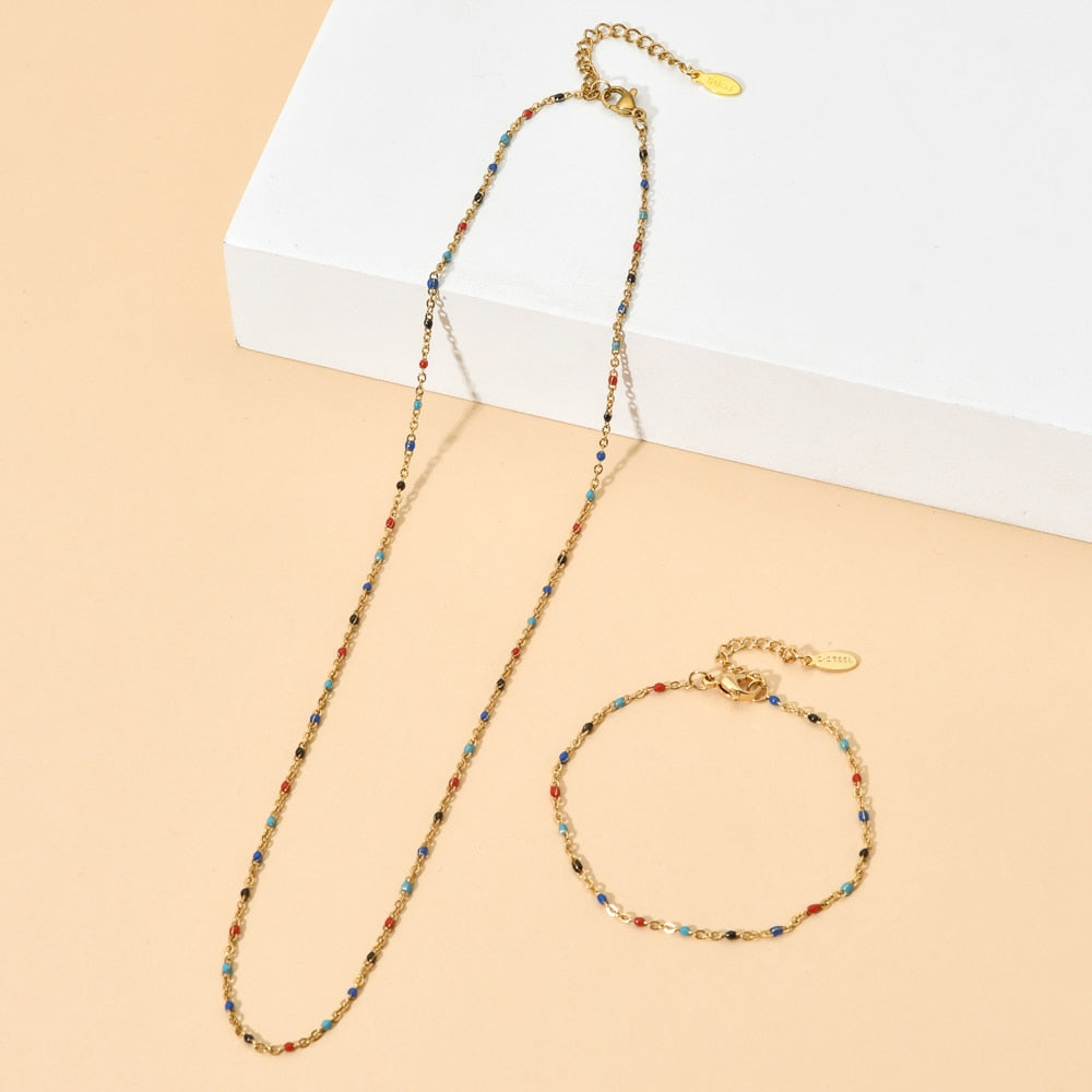 Golden Color Link Chain Beads Ladies Jewelry Set