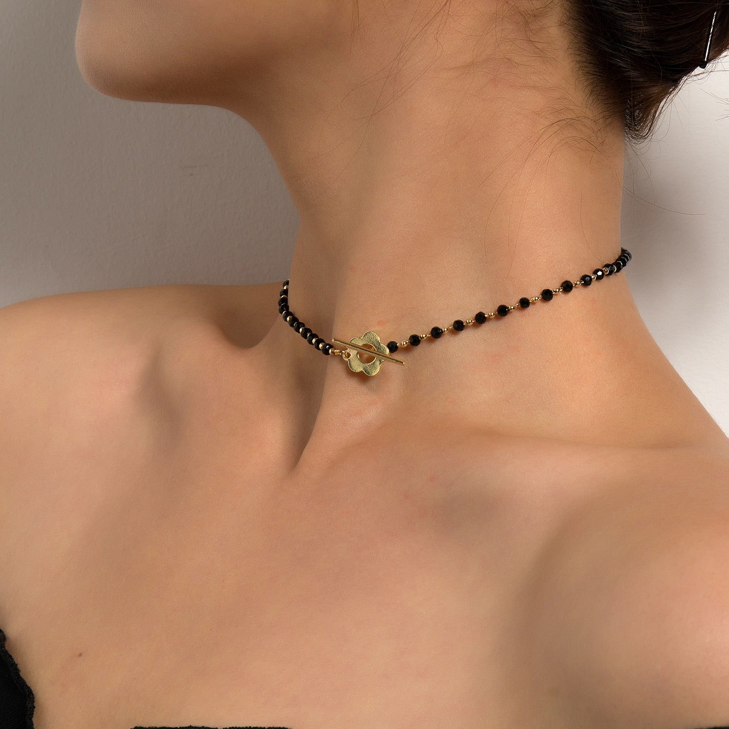 Fashion Luxury Black Crystal Glass Bead Chain Choker Necklace