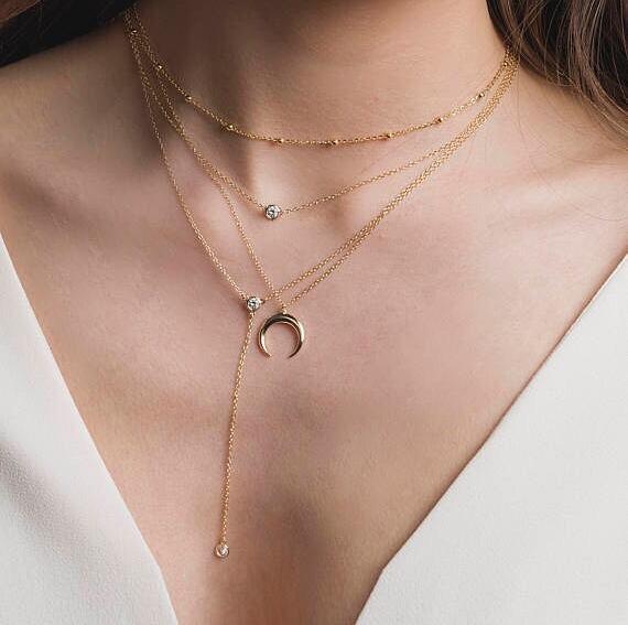 Bohemian Sun Zircon Moon Fish Tail Mixed Pendant Necklace