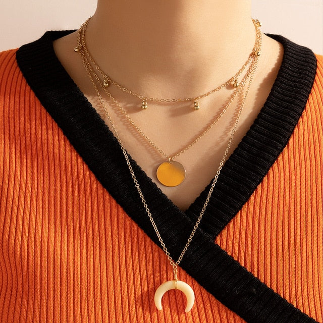 Bohemian Sun Zircon Moon Fish Tail Mixed Pendant Necklace