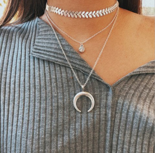 Bohemian Sun Zircon Moon Fish Tail Mixed Pendant Necklace