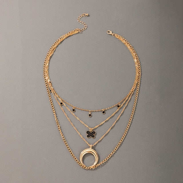 Bohemian Sun Zircon Moon Fish Tail Mixed Pendant Necklace