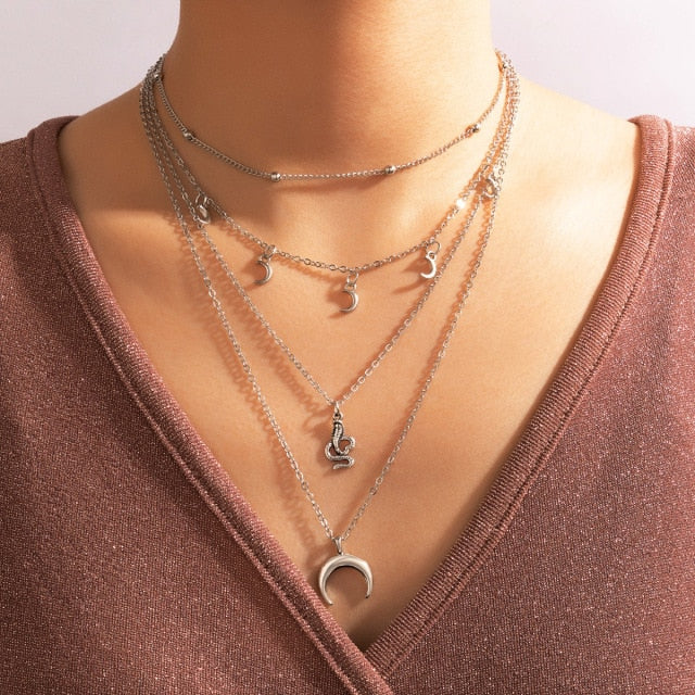 Bohemian Sun Zircon Moon Fish Tail Mixed Pendant Necklace