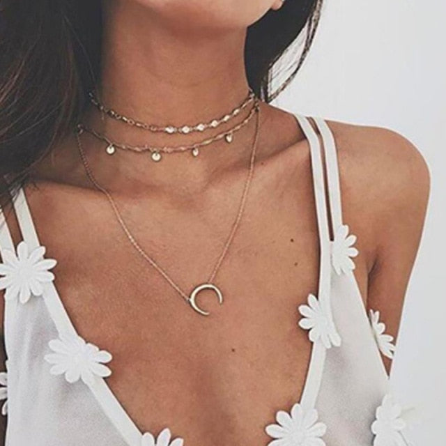 Bohemian Sun Zircon Moon Fish Tail Mixed Pendant Necklace
