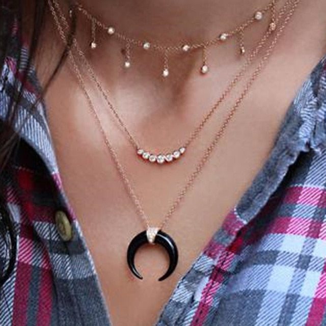 Bohemian Sun Zircon Moon Fish Tail Mixed Pendant Necklace
