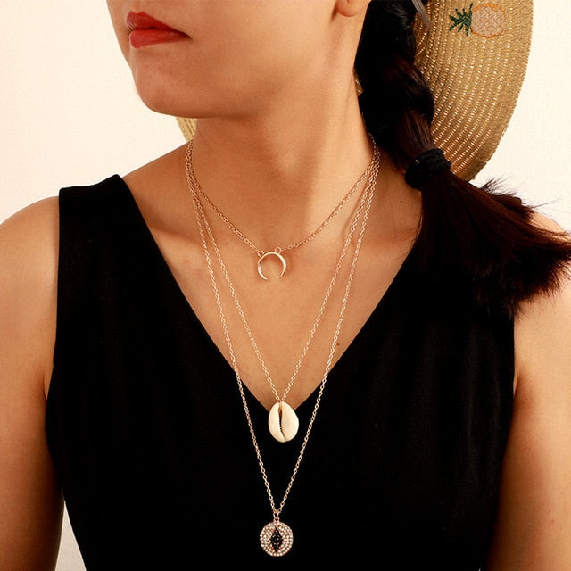 Bohemian Sun Zircon Moon Fish Tail Mixed Pendant Necklace