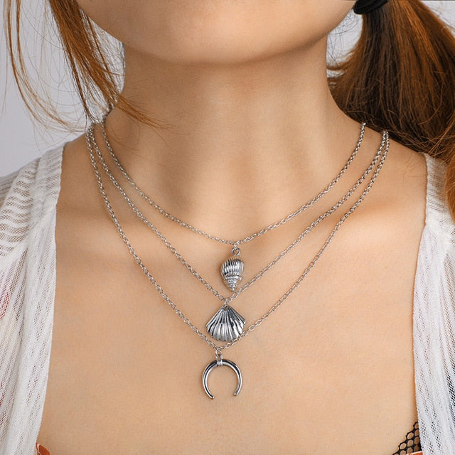 Bohemian Sun Zircon Moon Fish Tail Mixed Pendant Necklace