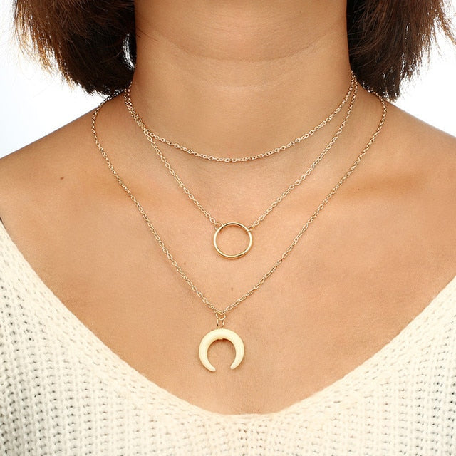 Bohemian Sun Zircon Moon Fish Tail Mixed Pendant Necklace
