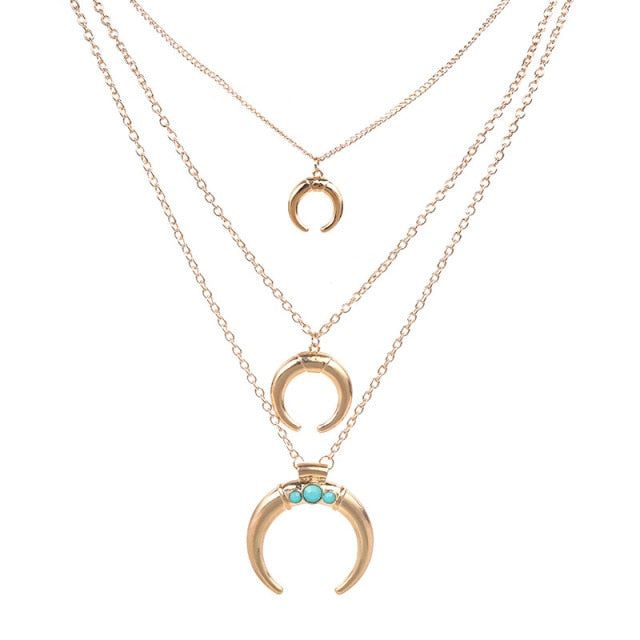 Bohemian Sun Zircon Moon Fish Tail Mixed Pendant Necklace