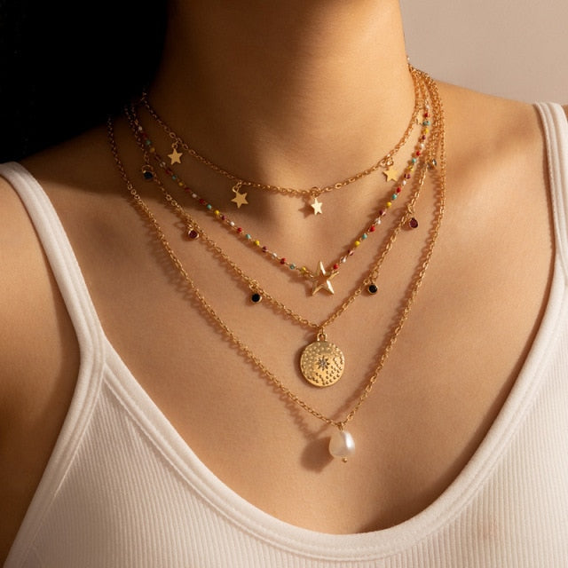 Bohemian Sun Zircon Moon Fish Tail Mixed Pendant Necklace