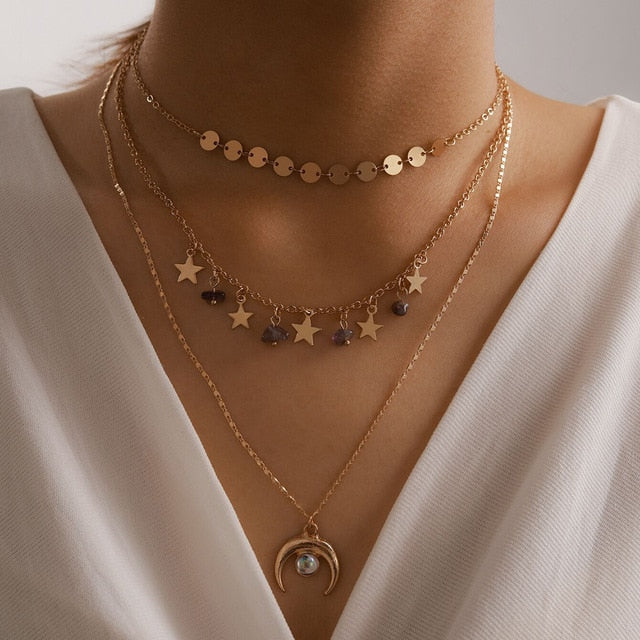 Bohemian Sun Zircon Moon Fish Tail Mixed Pendant Necklace