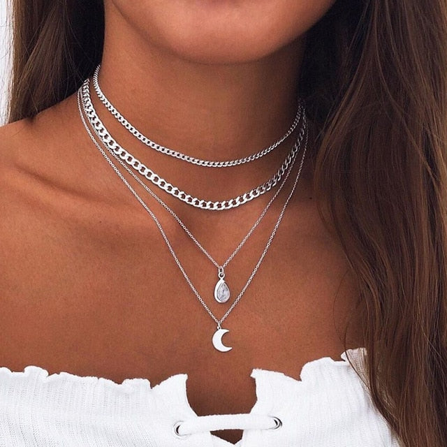 Bohemian Sun Zircon Moon Fish Tail Mixed Pendant Necklace