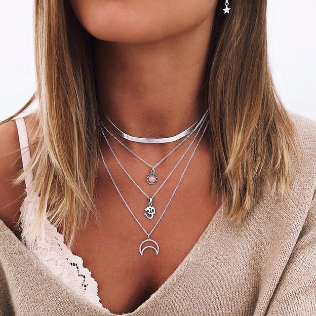 Bohemian Sun Zircon Moon Fish Tail Mixed Pendant Necklace