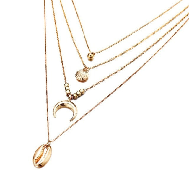 Bohemian Sun Zircon Moon Fish Tail Mixed Pendant Necklace